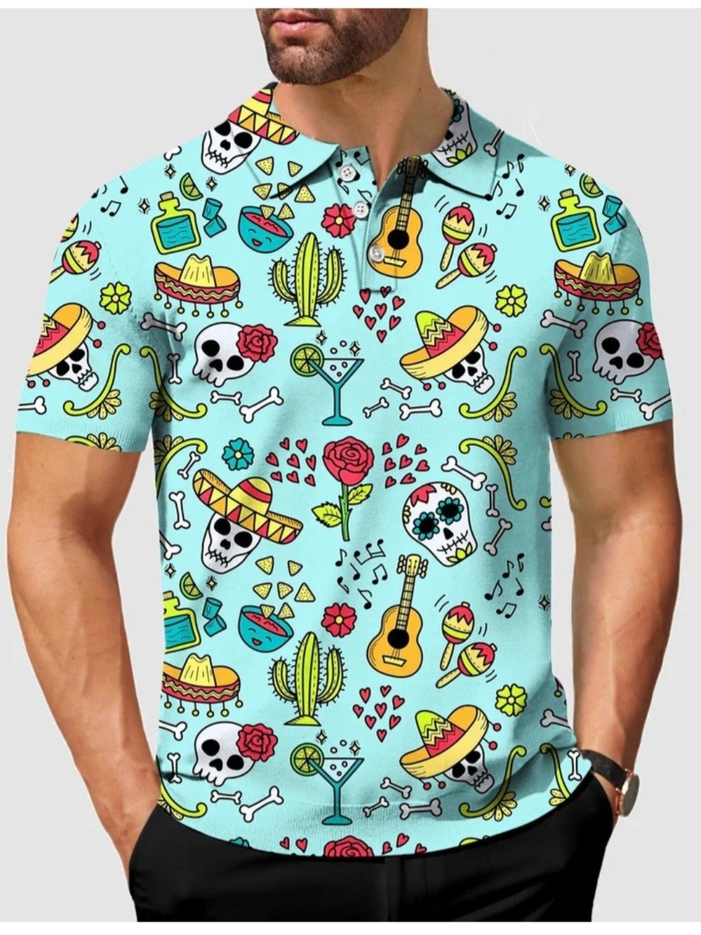 Men's Light Blue Day of the Dead Print Polo Shirt